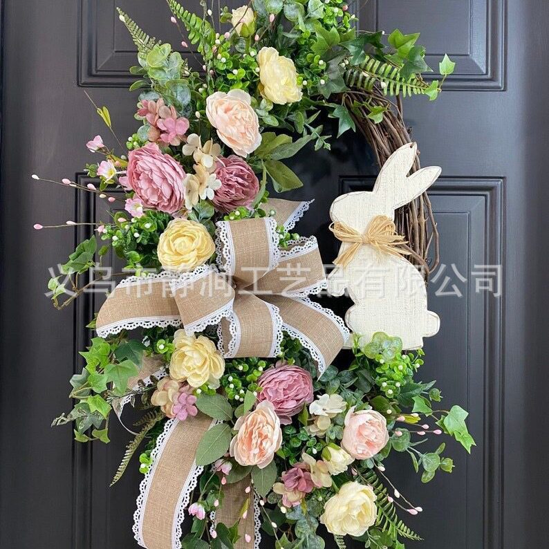 跨境复活节兔子植物花环家居卧室书房客厅装饰摆件道具