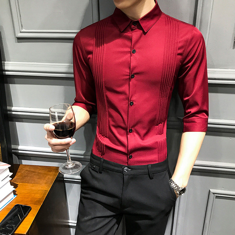英伦婚礼服男士衬衫纯色修身青年大码发型师工装七分袖褶皱衬衣男