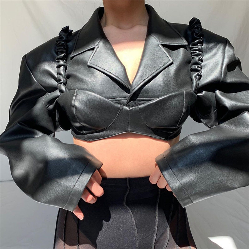 欧美跨境2021秋季时尚潮流女装新款长袖翻领露脐修身显瘦PU皮上衣