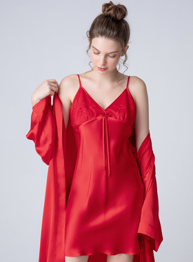 美标睡衣女士真丝吊带睡裙春秋性感桑蚕丝家居服睡袍红色新娘晨袍