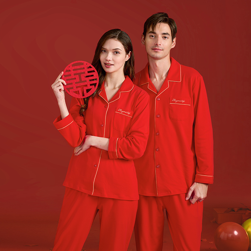 美标情侣纯棉红色睡衣结婚送礼
