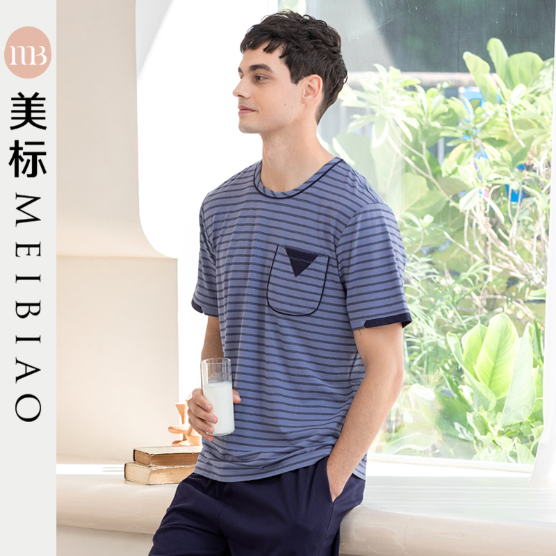 美标夏季针织纯棉男士短袖睡衣七分裤可外穿全棉家居服套装