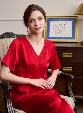 美标夏季新款真丝睡衣套装女士短袖长裤桑蚕丝家居服红色结婚送礼