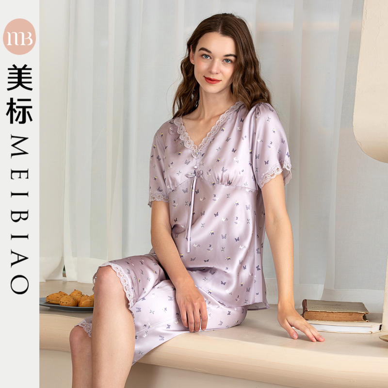 美标短袖女士真丝睡衣套装100%桑蚕丝夏季薄款套头七分裤家居服