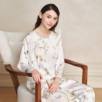 美标秋夏季女士款长袖真丝睡衣套装新中式国风100%桑蚕丝绸家居服