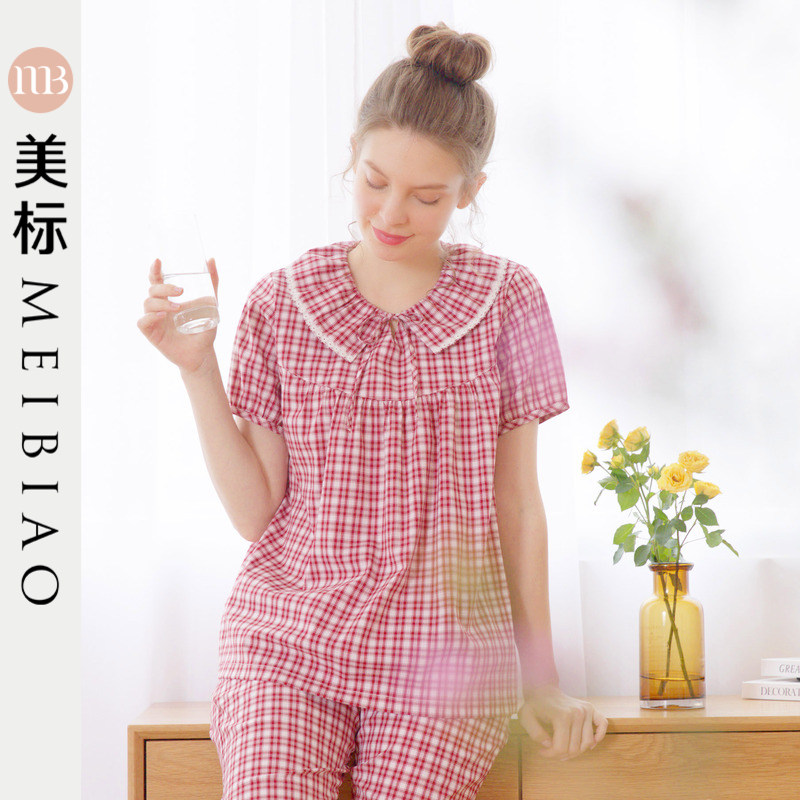 美标全棉睡衣春夏季梭织纯棉女短袖七分裤格子甜美可爱家居服,女士内衣/男士内衣/家居服,睡衣/家居服套装,淘宝优惠券,粉丝福利购,淘宝优惠卷
