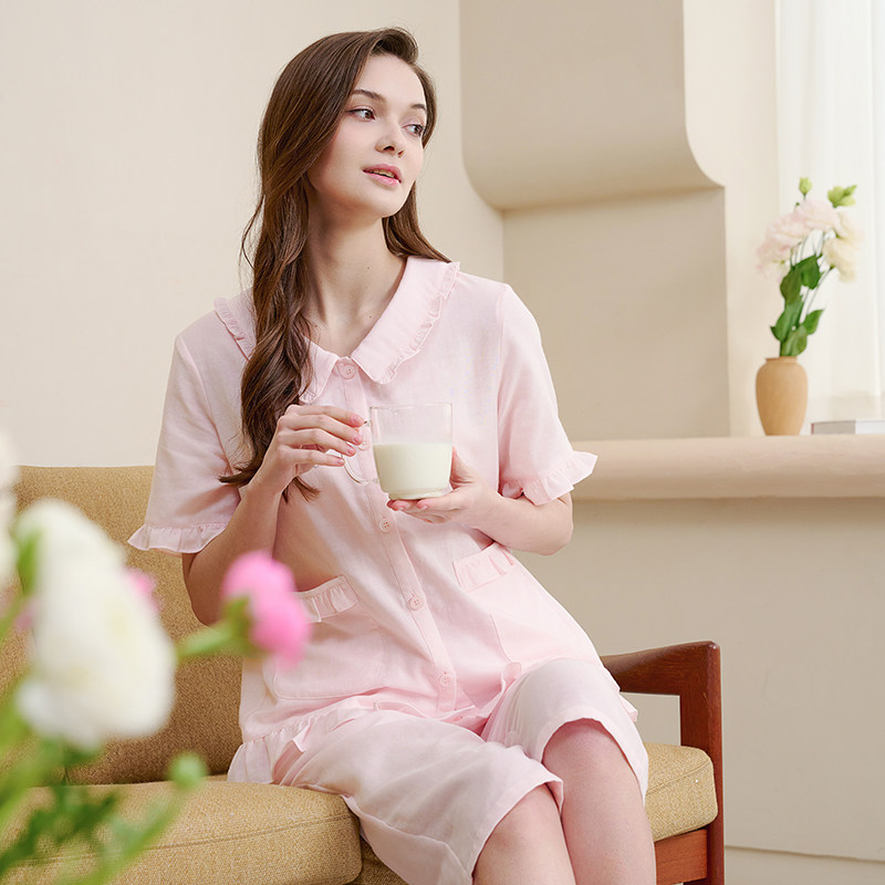 美标官方旗舰店睡衣夏天女士短袖套装全棉纱布薄款宽松家居服粉色
