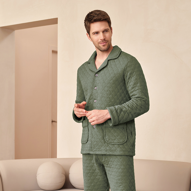 美标秋冬新款男士开衫夹棉空气层保暖厚款长袖纯棉睡衣套装家居服