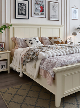 美式奶油风实木床白色1米5轻奢现代简约小户型主卧室储物双人婚床