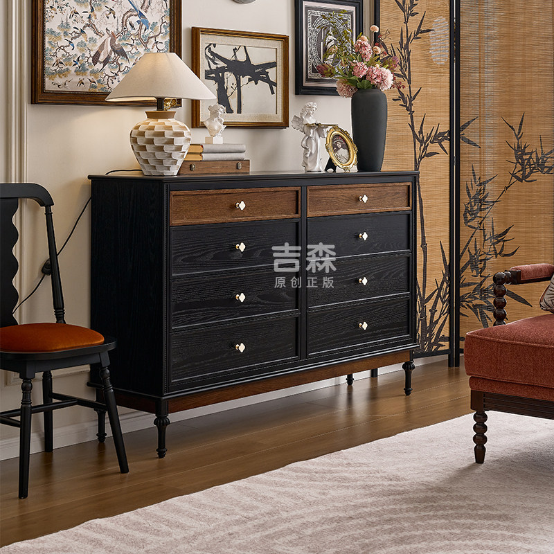 法式复古实木八斗柜中古风主卧室床尾储物柜美式黑色靠墙边抽屉柜