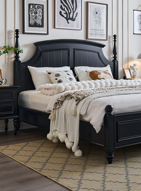 美式卧室全实木床黑色复古简约现代轻奢储物白色1.51.8米双人婚床