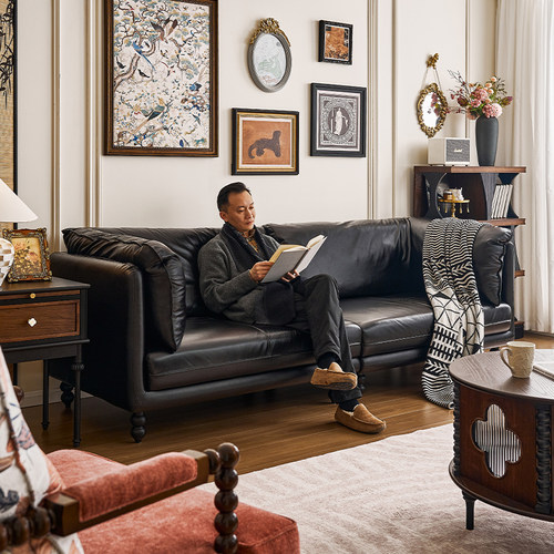 吉森法式中古风黑色真皮怀抱沙发