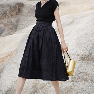 高腰女装 褶皱半身裙工艺料蓬蓬裙 赫本 亦克阿瑟天丝皱小黑裙薄款