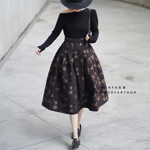 亦克阿瑟复古羊毛花朵提花半身裙轻奢高腰蓬蓬裙伞裙赫本女中长裙