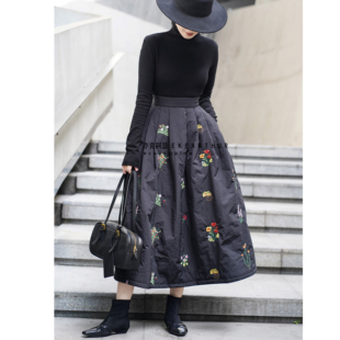 长裙 亦克阿瑟复古刺绣花朵夹棉半身裙轻奢高腰蓬蓬裙伞裙赫本女装