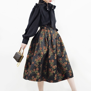 亦克阿瑟高腰咖色复古玫瑰半身裙蓬蓬伞裙法式 百褶裙 高腰中长款