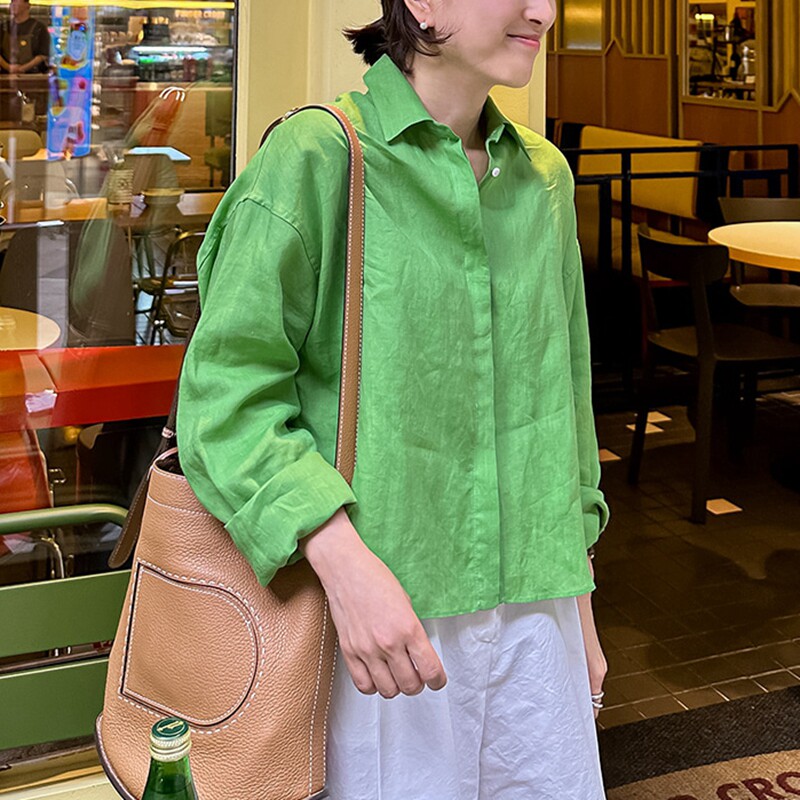 宽松通勤多扣长袖亚麻女衬衫防晒