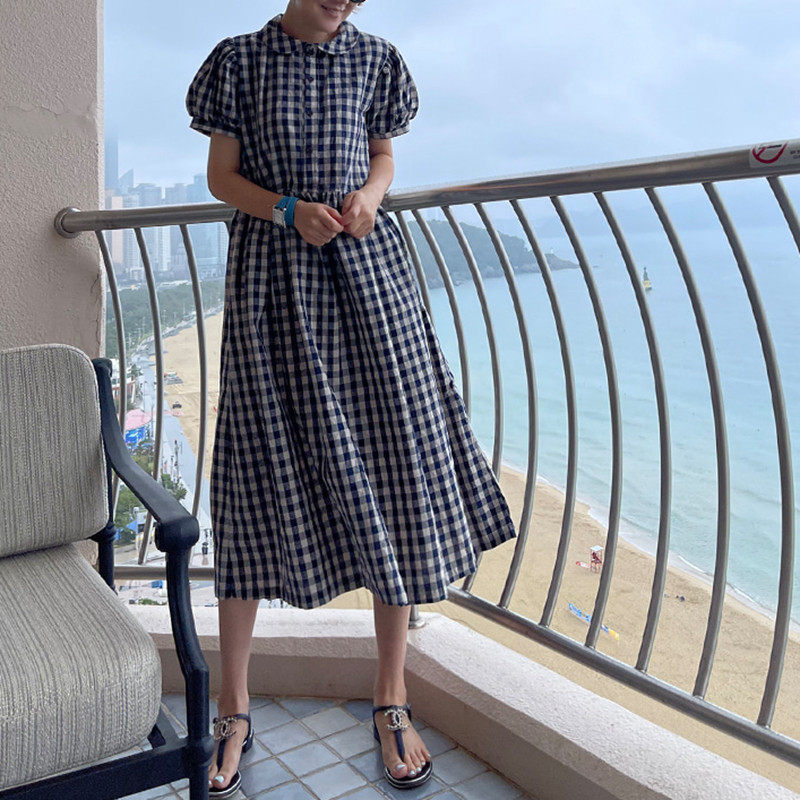 法式亚麻格子高腰显瘦夏季连衣裙