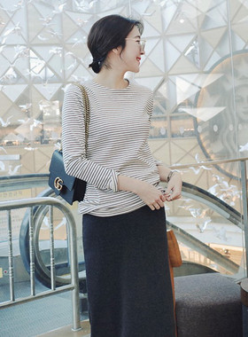 T109韩国女装简约条纹亲肤合身圆领套头秋冬春女长袖T恤打底衫
