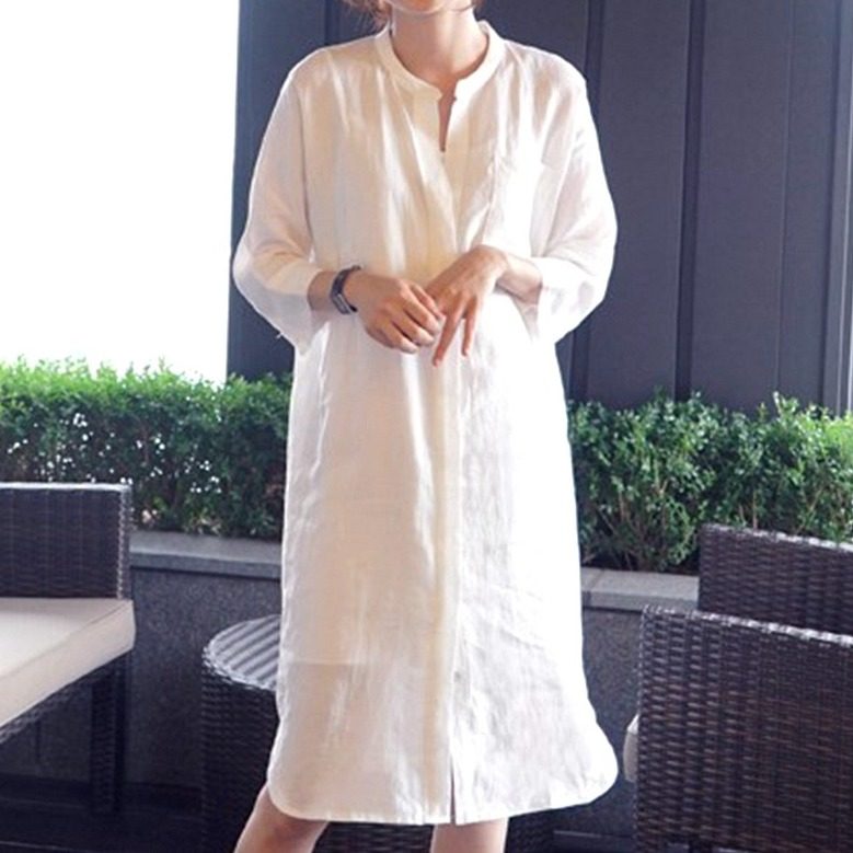韩国女白色亚麻防晒长款衬衫裙