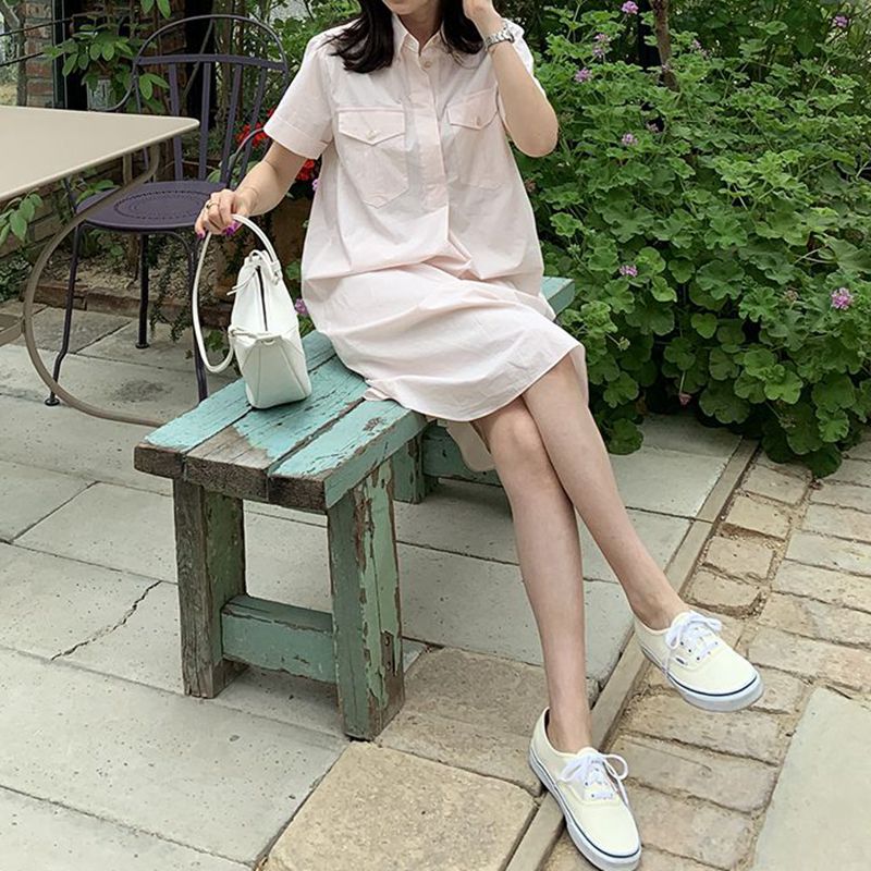 L89小米家韩国女装新款短袖宽松腰中长款夏季连衣裙通勤中裙棉