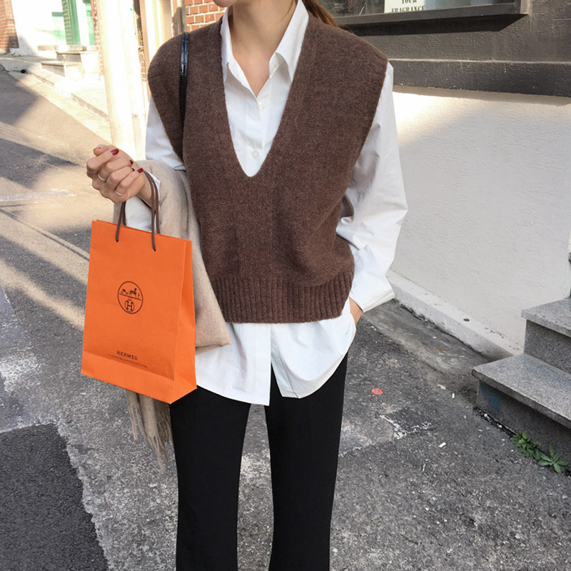 套头简约深V领马海毛马夹通勤