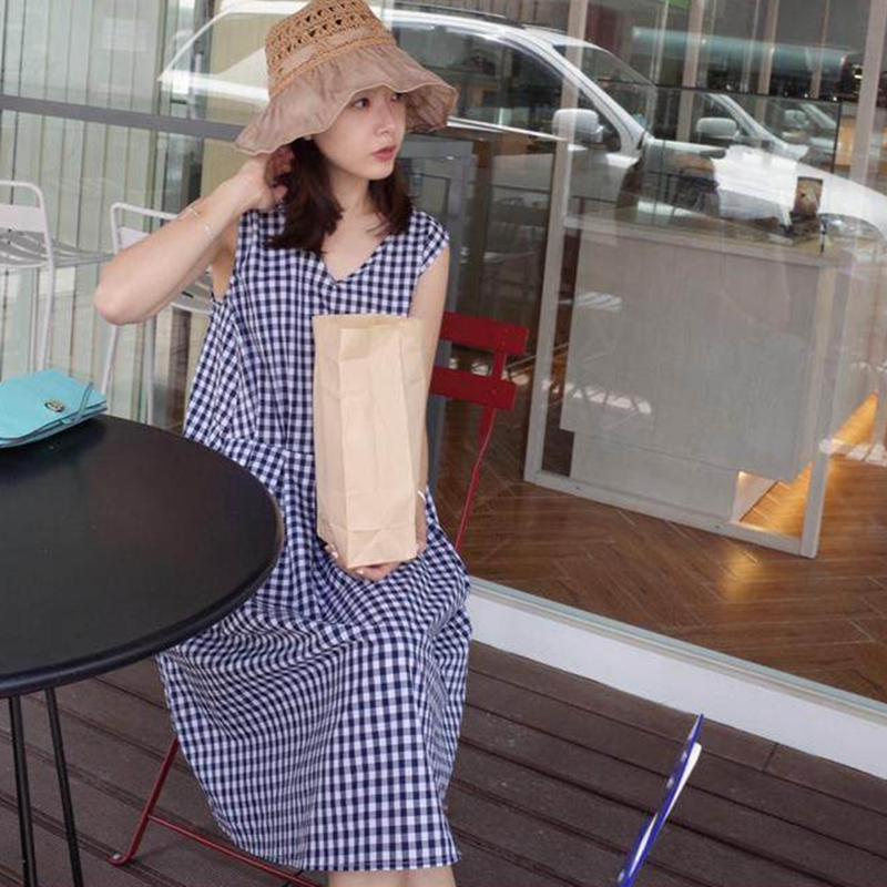 夏季无袖V领高腰显瘦纯棉连衣裙