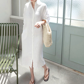 宽松春夏秋优雅中长连衣裙衬衫 好品质韩国女装 厚亚麻砂洗长袖 L60