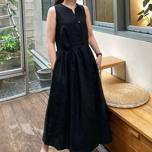 L71韩国女装新款2026亚麻高腰无袖夏季连衣裙显高显瘦中长裙甜美