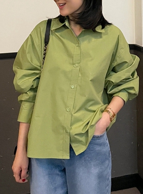 C109韩国女装简约宽松砂洗纯棉春夏长袖polo领衬衫多巴胺