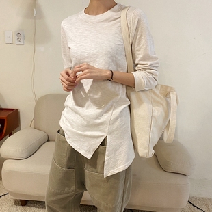 T298好品质韩国不规则设计竹节棉秋冬长袖 女T恤打底纯棉厚