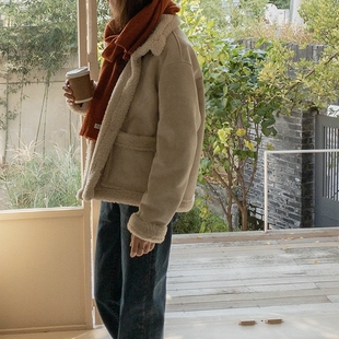 D49韩国女装 冬皮毛一体 羊羔毛麂皮复合仿皮草外套短大衣保暖长袖