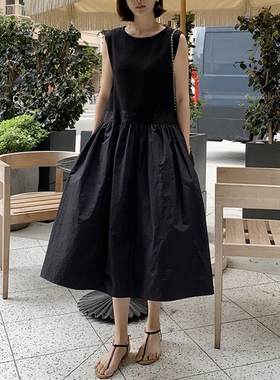 L100韩国女装针织无袖背心拼接蓬蓬半身裙假两件连衣裙显瘦