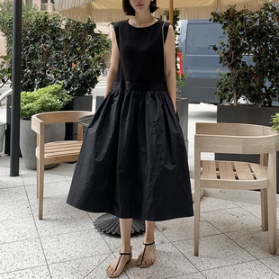 L100韩国女装针织无袖背心拼接蓬蓬半身裙假两件连衣裙显瘦