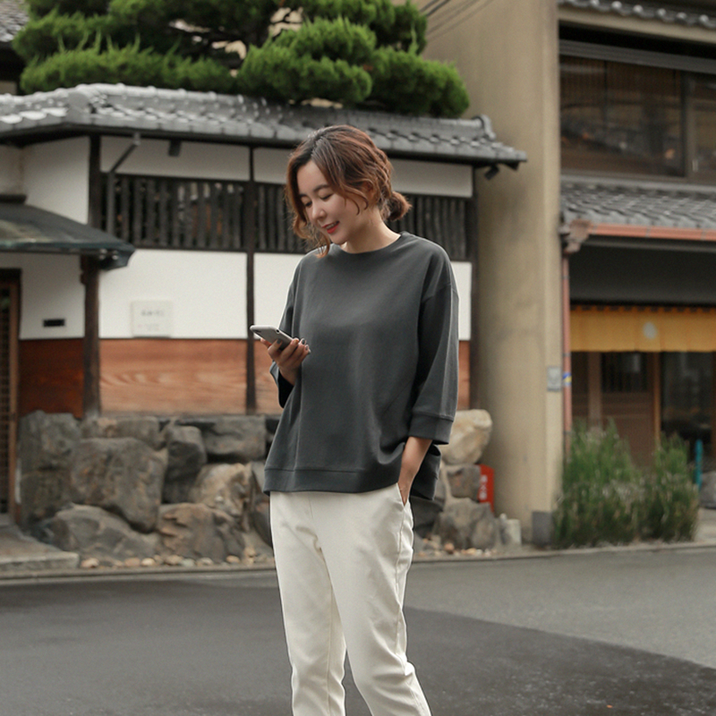 0T恤简约厚棉七分袖圆领套头