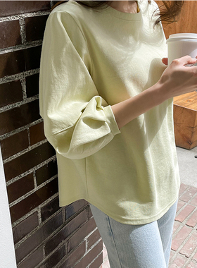 韩国女装新款宽松双面棉秋冬圆领套头女t恤七分袖显瘦百搭T249