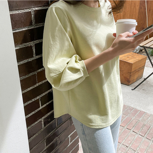 显瘦百搭 宽松双面棉早秋圆领套头女t恤七分袖 T249韩国女装 新款