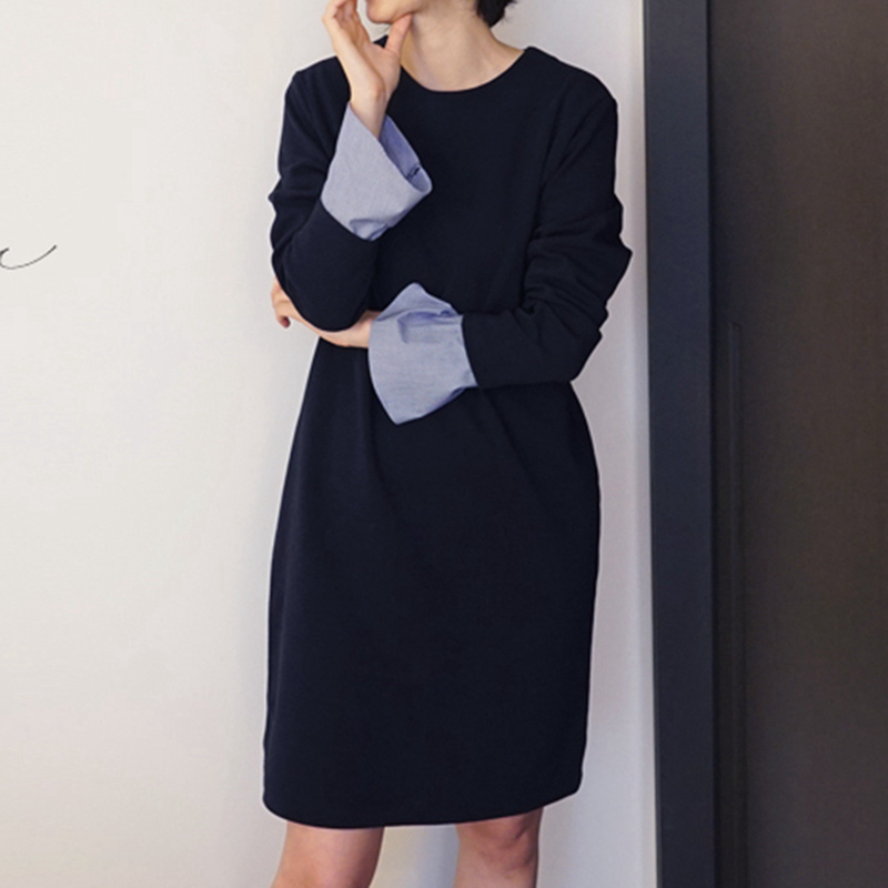 L03韩国女装新2023条纹喇叭袖拼接长袖宽松秋冬连衣裙打底裙显瘦