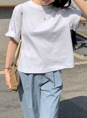 T238韩国女装新款2025简约圆领宽松夏季短袖女t恤短款纯棉上衣