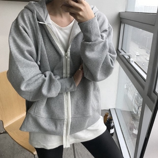 T116韩国女装宽松设计感拉链春秋女戴帽长袖抓绒卫衣外套上衣保暖