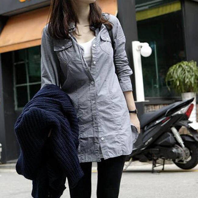 韩国秋冬合身简约长袖纯棉衬衫