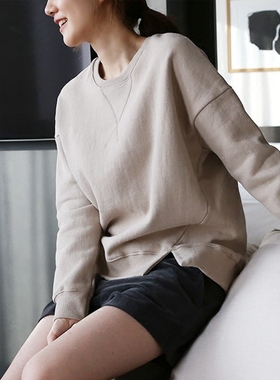 T115韩国女装代设计感简约毛圈圆领套头开叉春秋冬长袖女卫衣上衣