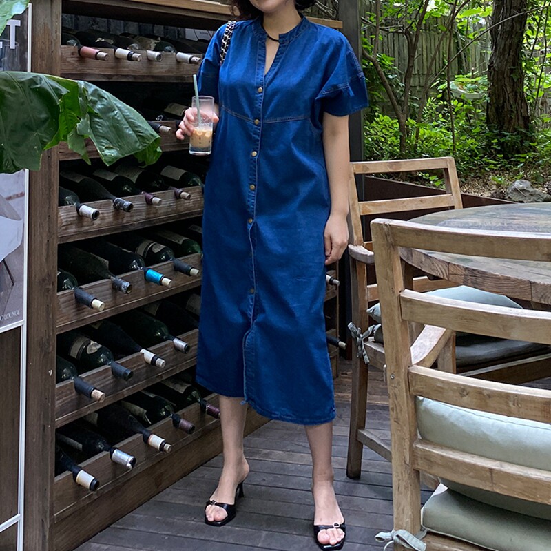 优雅高腰落肩纯棉牛仔连衣裙显高