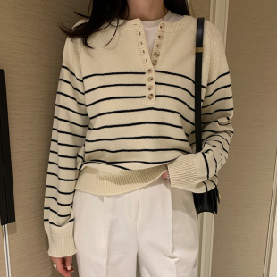 针织衫 优雅条纹套头长袖 毛衣春秋冬 纯棉宽松法式 韩国女装