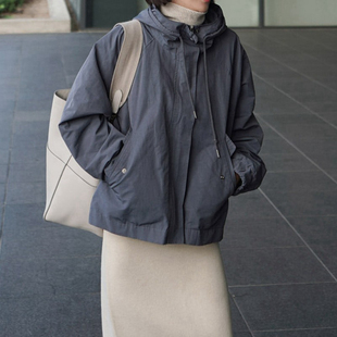 韩国女装带帽宽松简约长袖春秋冬风衣外套挡风防泼水大码通勤F30