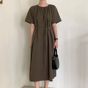 韩国宽松褶皱绑带插肩短袖圆领夏季女中长连衣裙通勤显瘦全棉L88