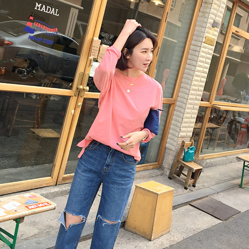 韩国女装代新品2026宽松简约开叉春秋套头长袖女T恤纯棉打底T166