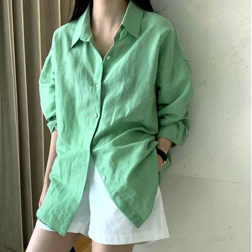 宽松简约长袖亚麻凉爽衬衫防晒