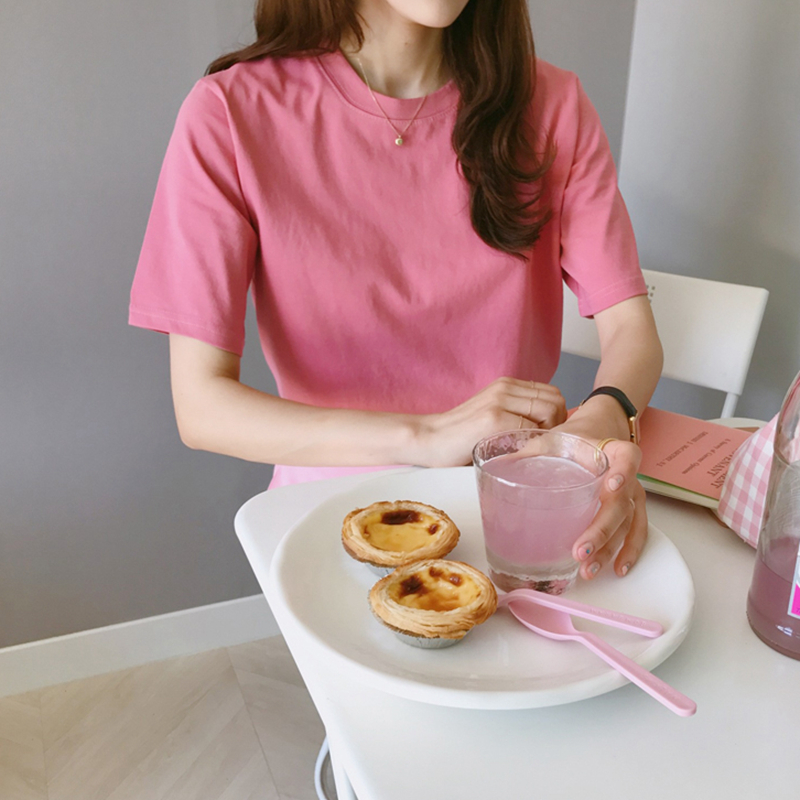T207韩国女装新品23纯棉糖果色圆领套头短袖夏季女T恤打底衫显瘦