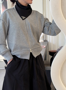 韩国女装新款简约宽松明线拼接拉链纯棉长袖短款春秋卫衣开衫T343